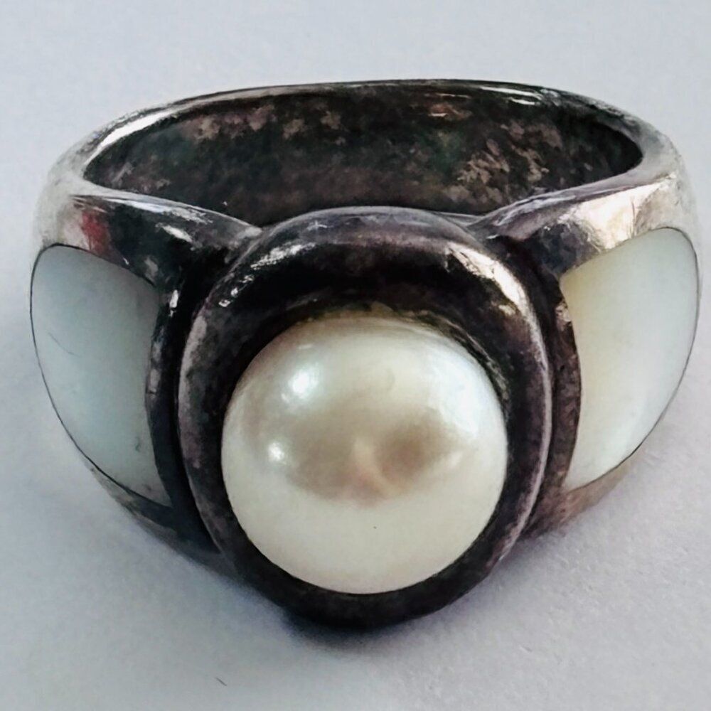 Vintage Signed 925 Sterling Silver Pearl Statement Ring Size 7